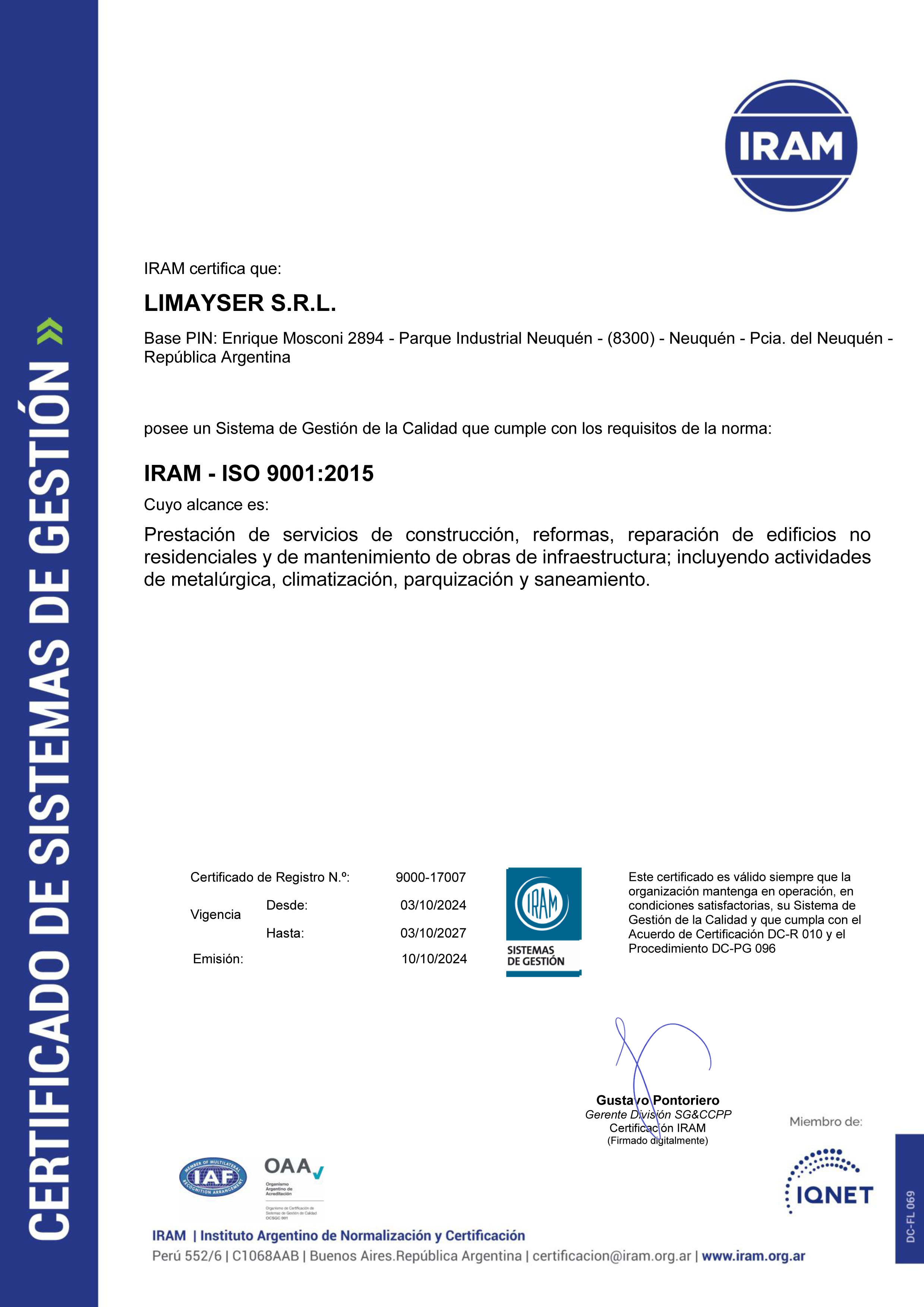 Logros obtenidos - Certificado IRAM - ISO 9001:2015